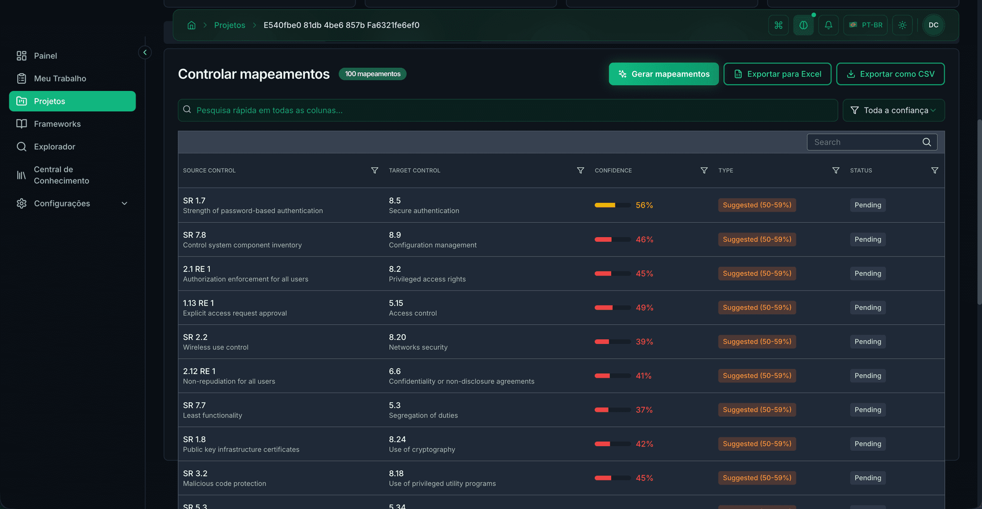 Mappings table showing source and target controls with confidence scores and status