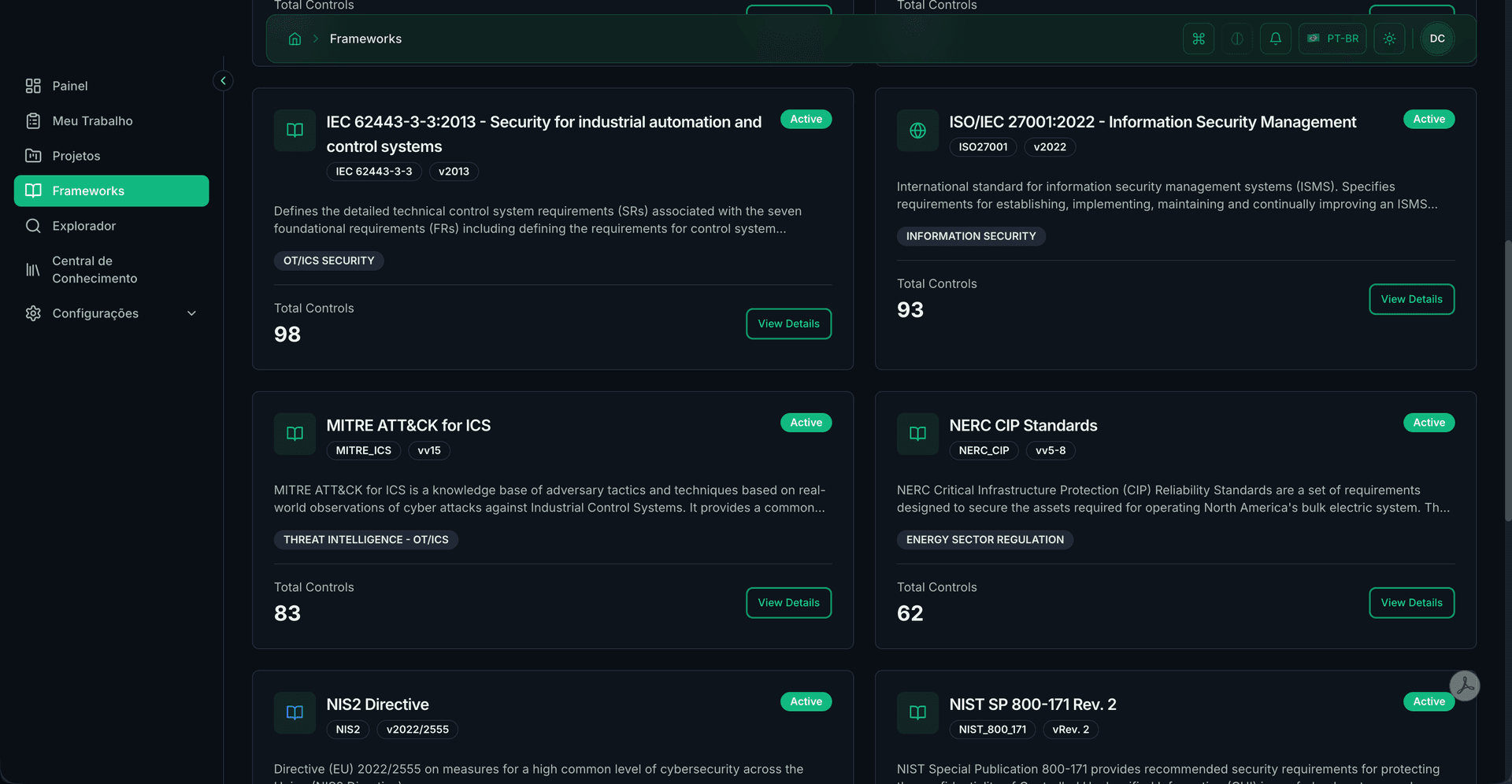 Framework library showing IEC 62443, ISO 27001, MITRE ATT&CK, and NERC CIP