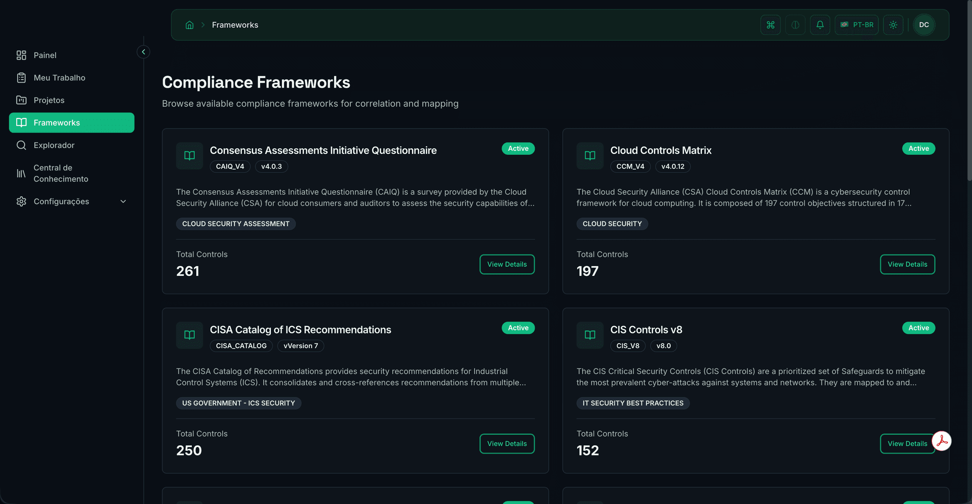 Framework library showing CAIQ, CCM, CISA Catalog, and CIS Controls with control counts