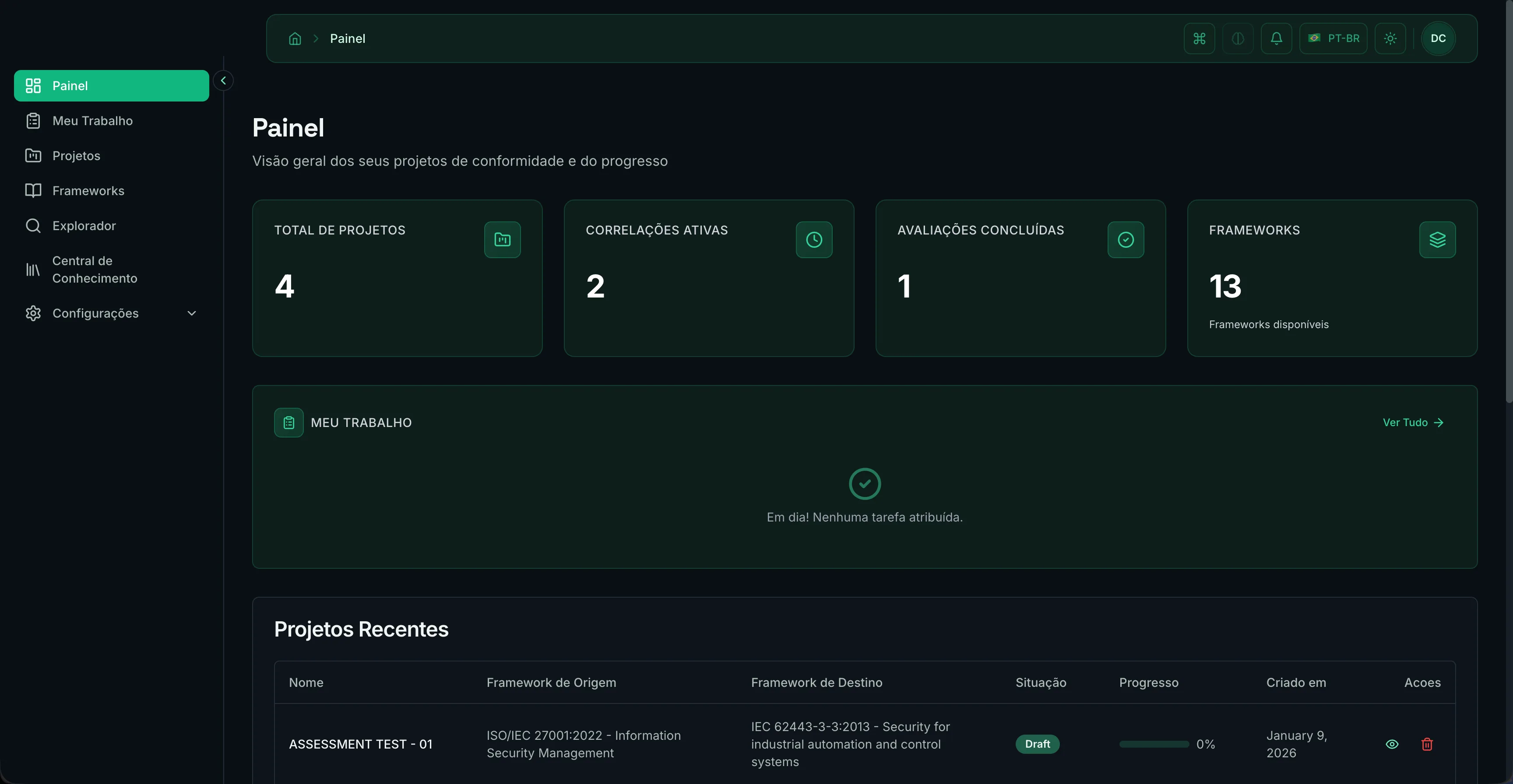 FrameworkMapper dashboard showing projects overview, active correlations, and framework count