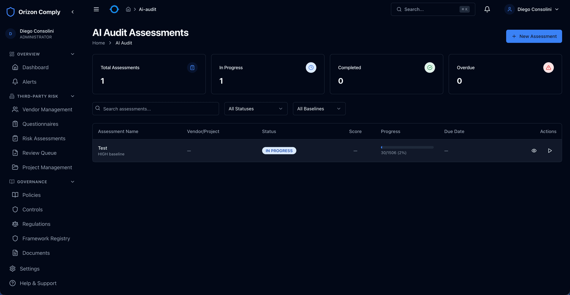 AI Audit Assessments view showing assessment progress, baselines, and status