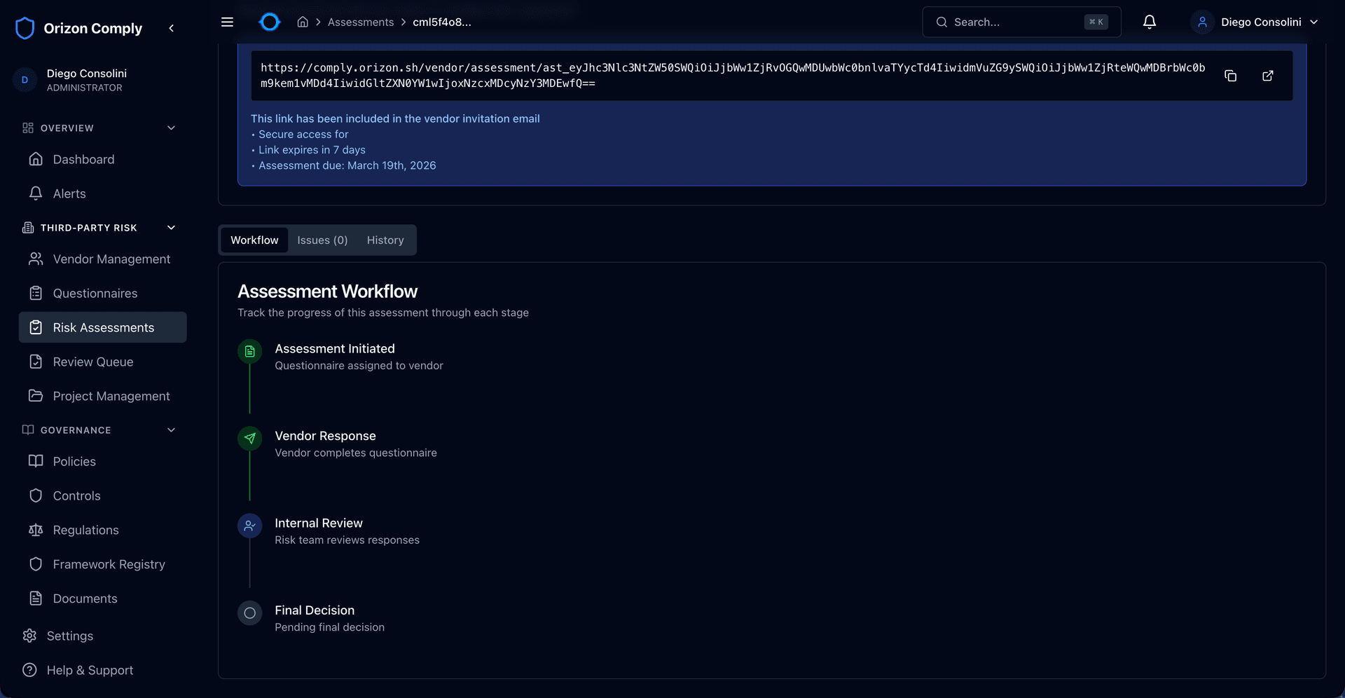 Assessment workflow timeline showing 4 stages: Initiated, Vendor Response, Internal Review, Final Decision