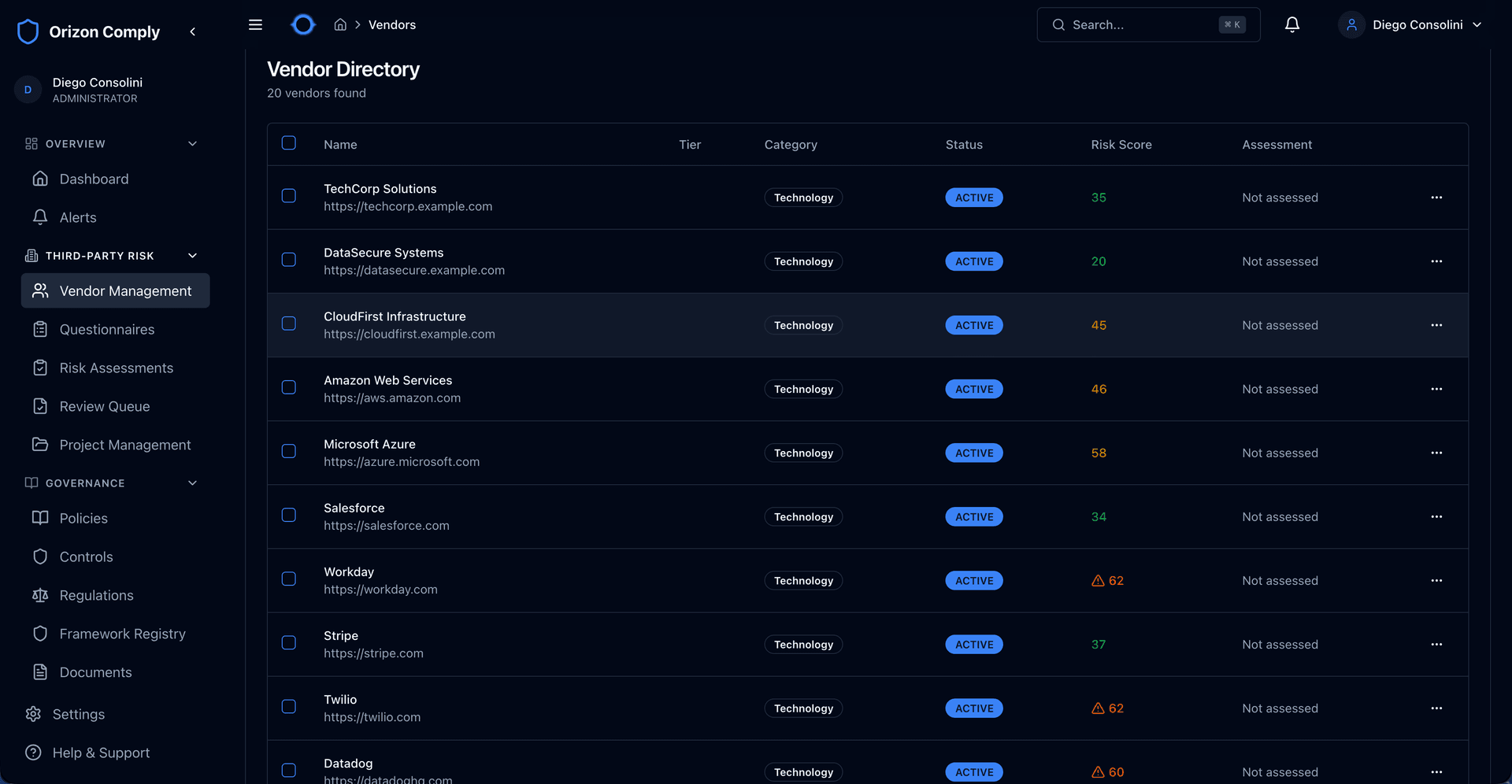 Orizon Comply vendor directory with risk scores and assessment status