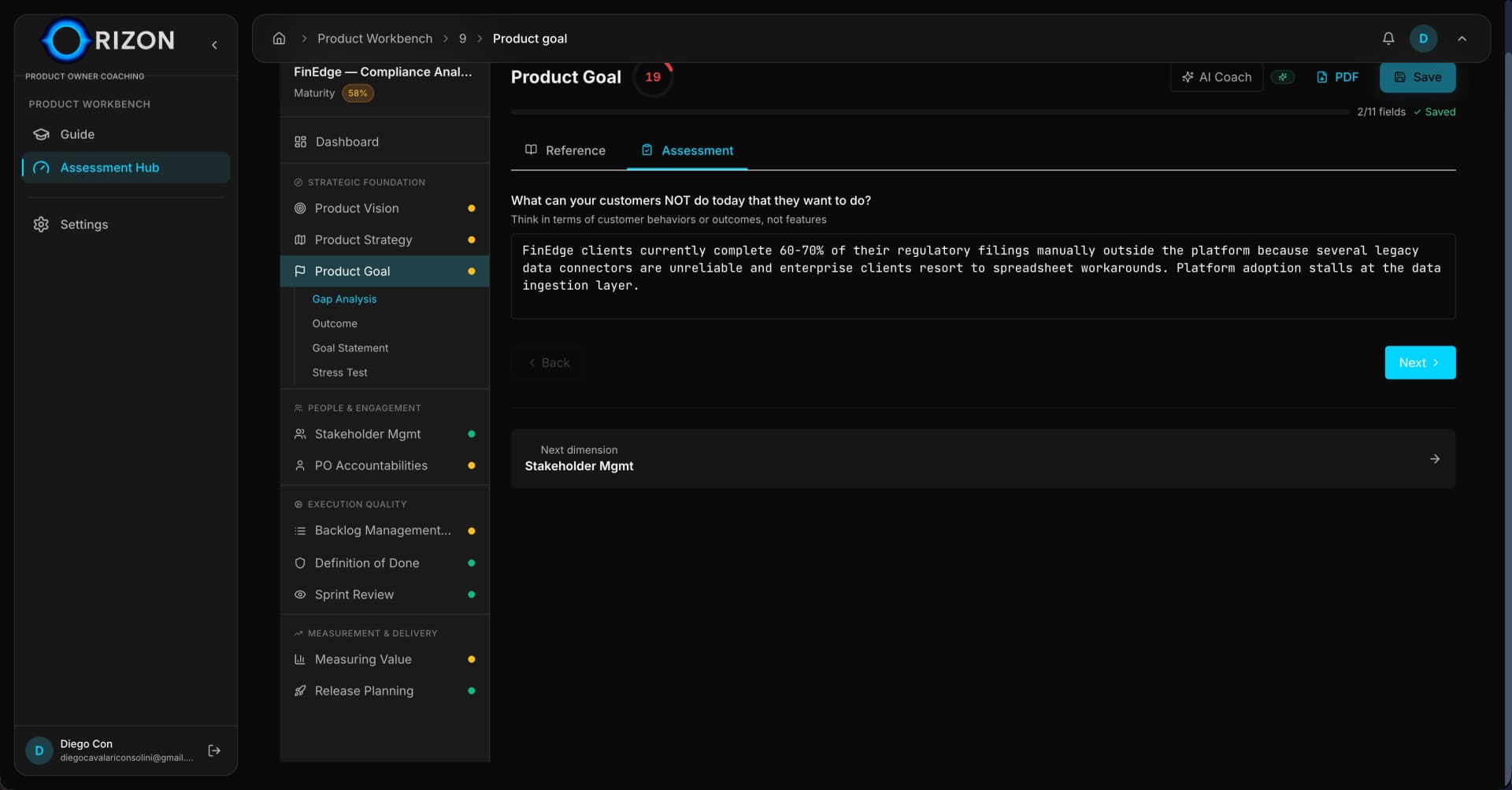 Product Goal assessment with gap analysis