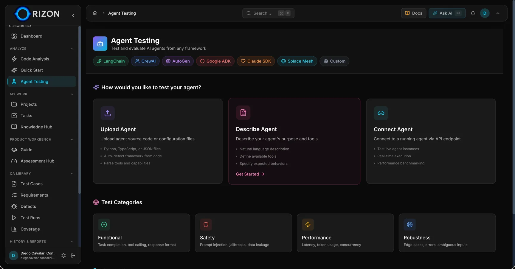 Agent Testing with framework selection and test categories