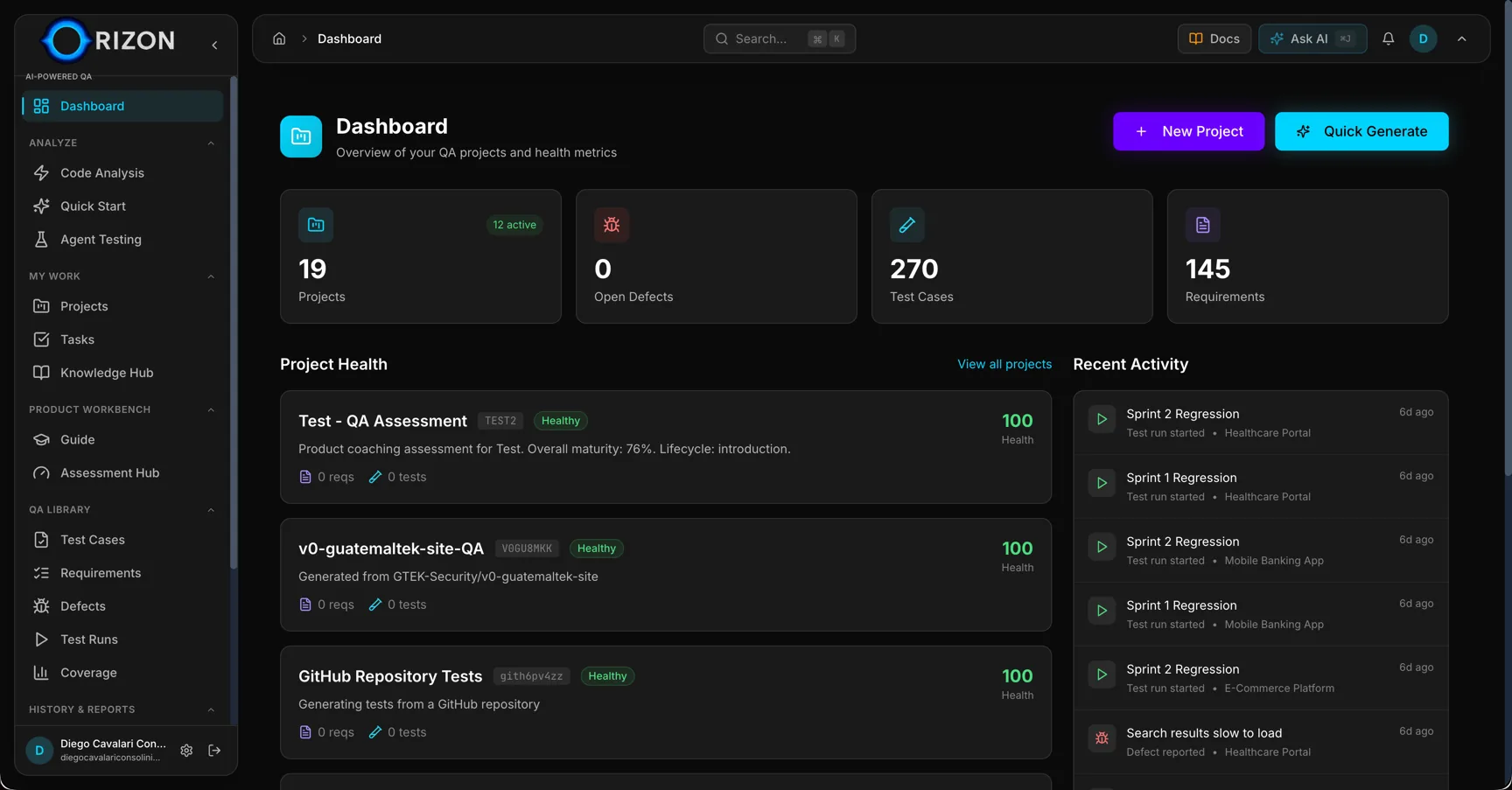 OrizonQA dashboard showing codebase analysis and test generation