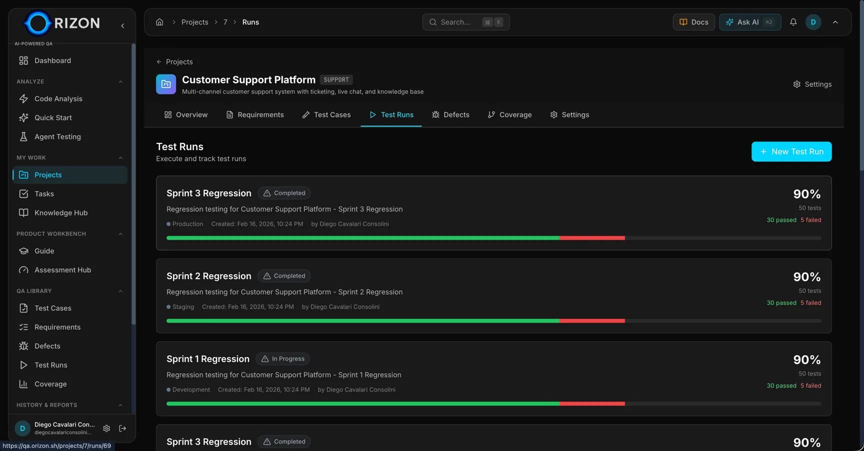 Test runs with pass/fail progress bars