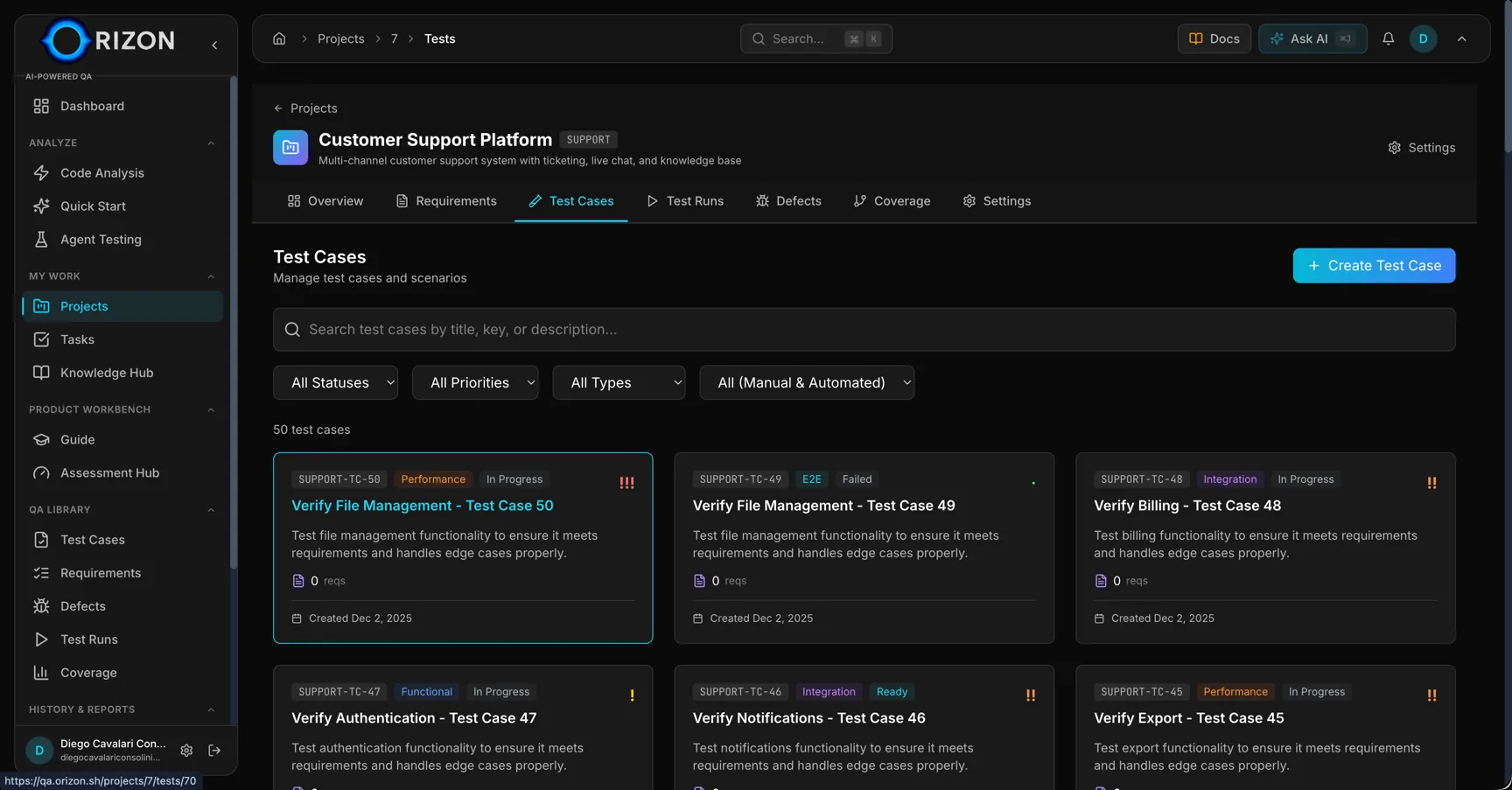 Test cases management with filtering